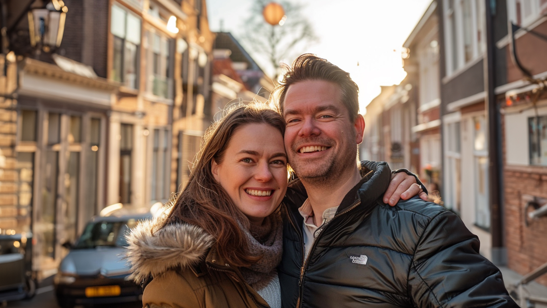 Couple souriant prenant un selfie dans une rue ensoleillée