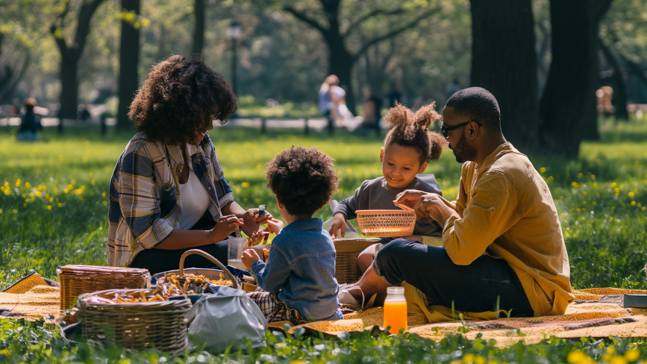 Famille en train de manger dans un parc